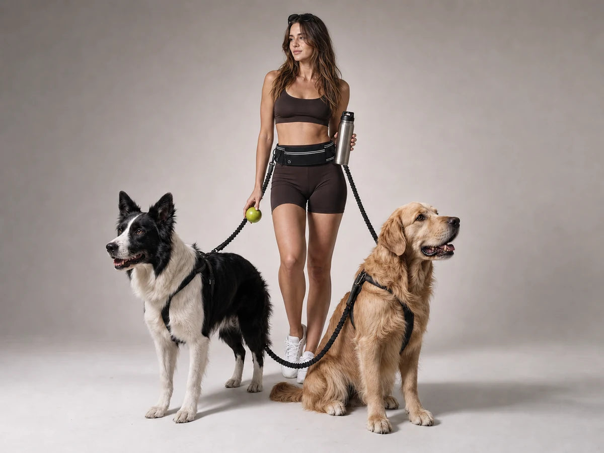 Tethovia hands-free walking belt worn by a woman with two large dogs in a premium studio setting